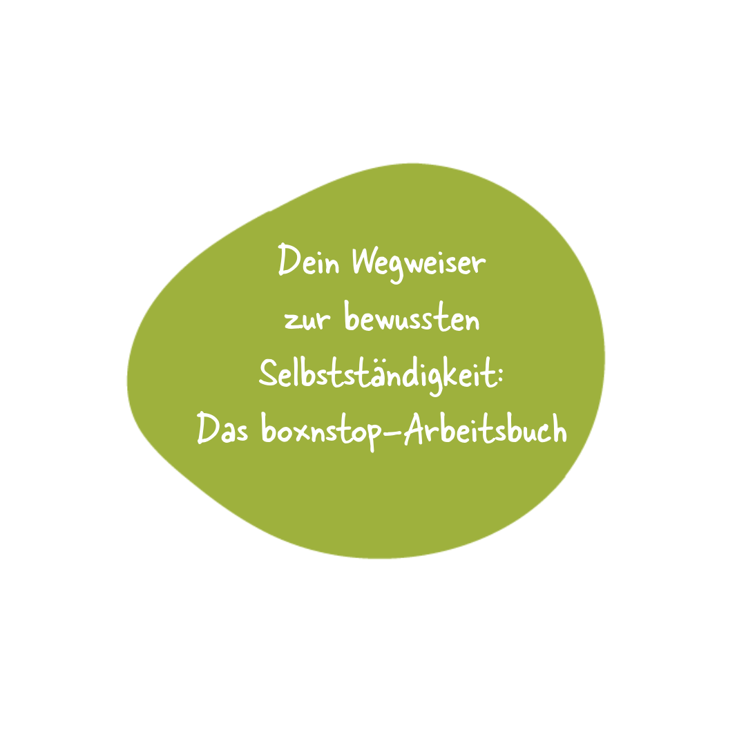 Bubble mit Text: "Dein Wegweiser zur bewussten Selbstständigkeit: Das boxnstop-Arbeitsbuch."